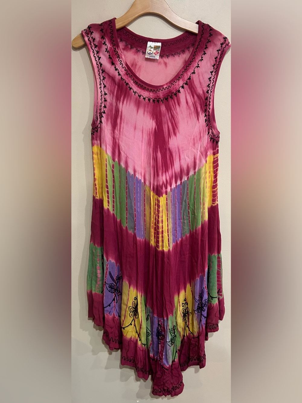 India Boutique Free Size Tie Dye Tunic Dress Embroidered Boho Coverup Beachy